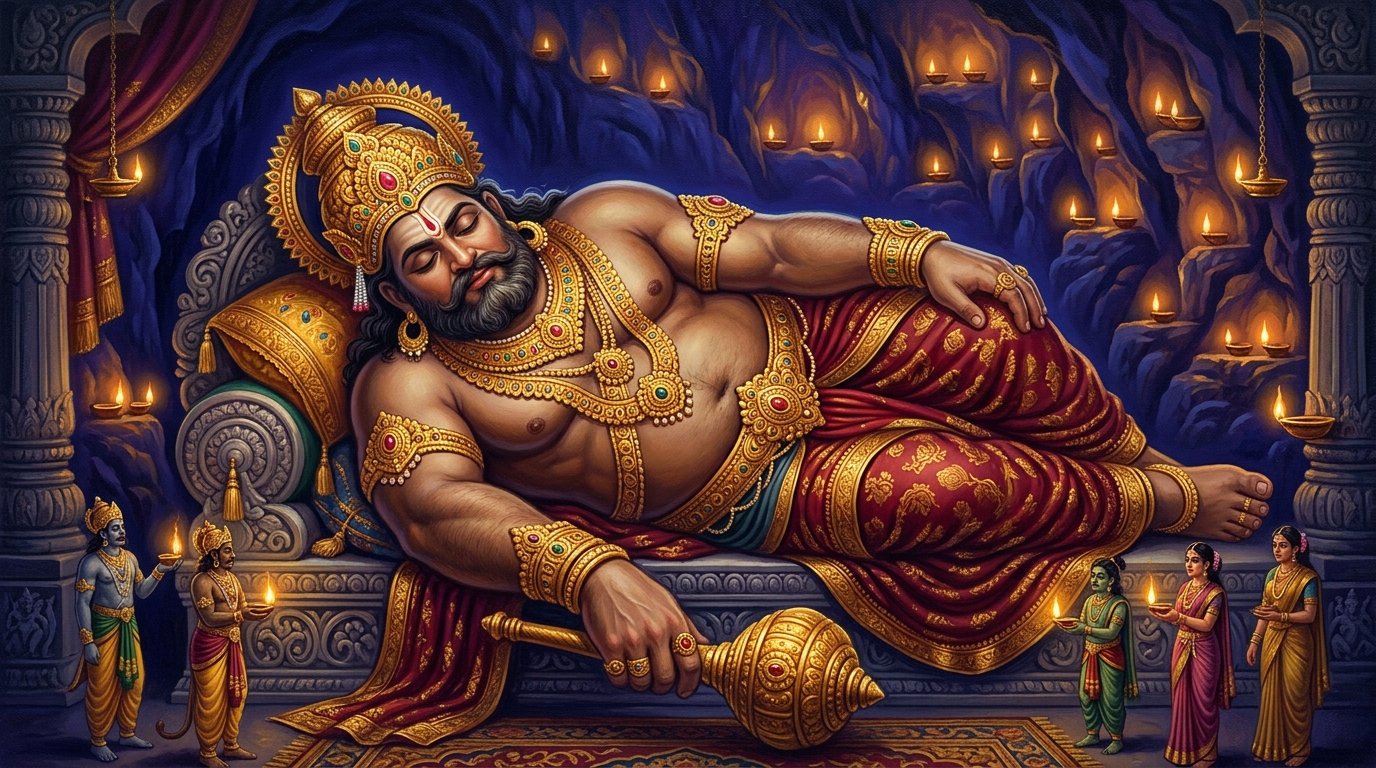 Depiction of Kumbhakarna sleeping peacefully with golden jewels and diyas