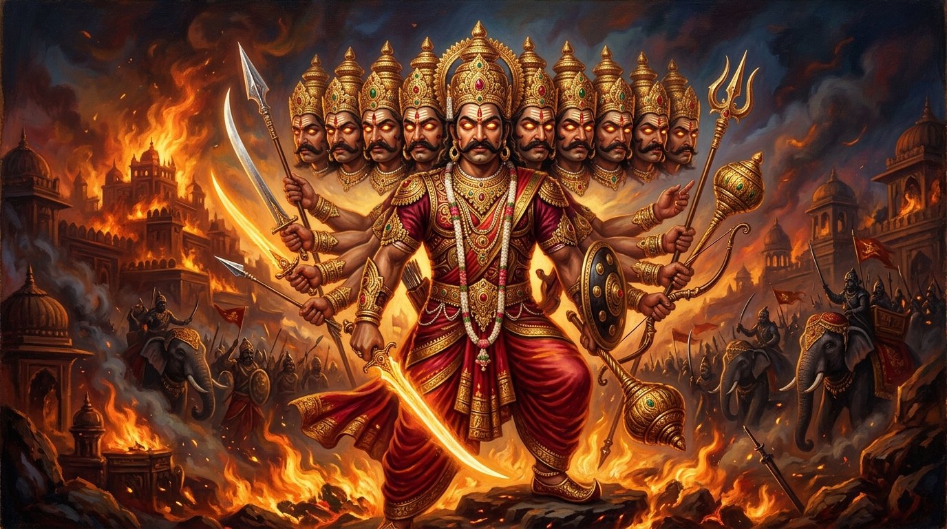 Artistic painting of ten-headed King Ravana amidst twilight flames